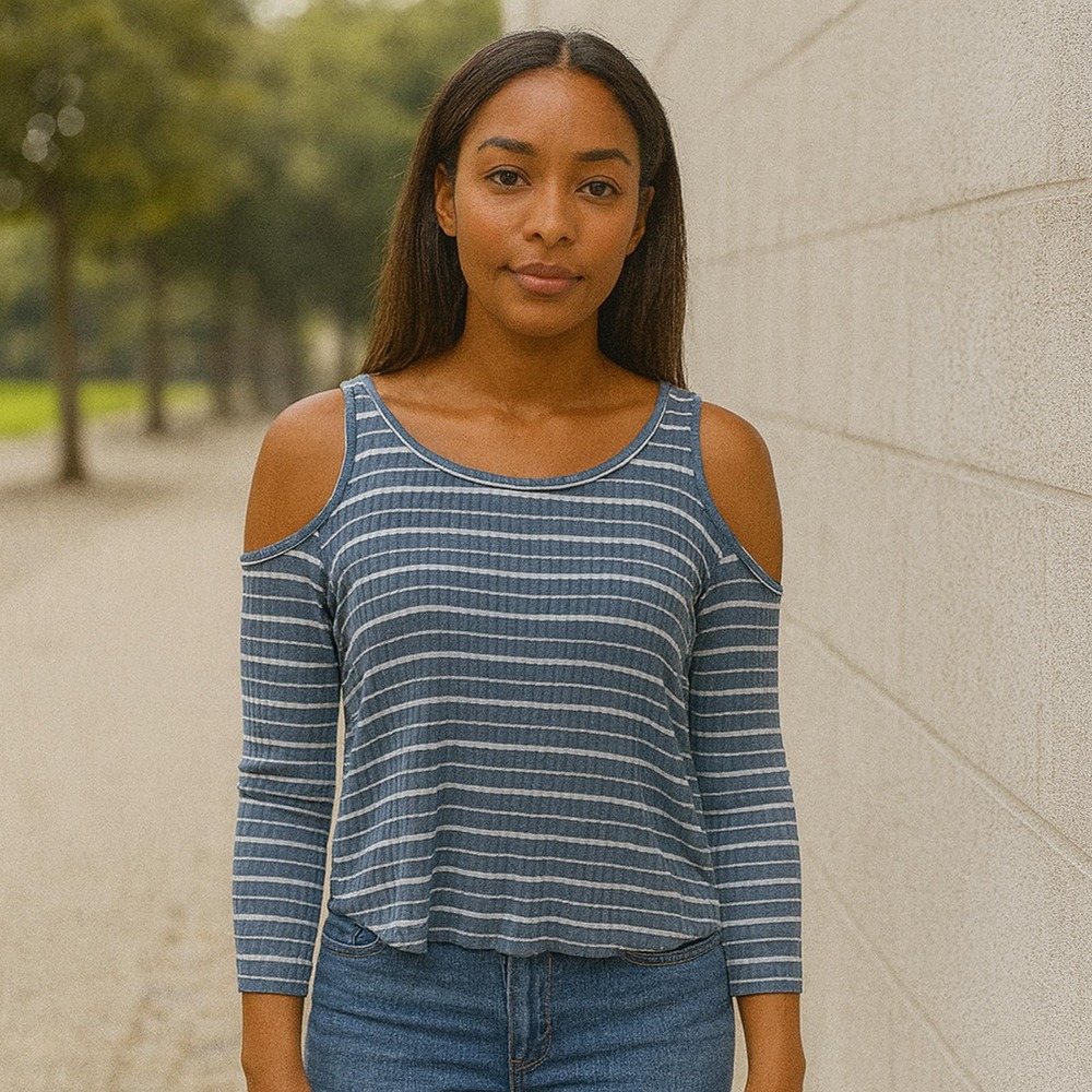 Blue Striped Cold Shoulder Long Sleeve Crop Top | Y2K Indie Sleek